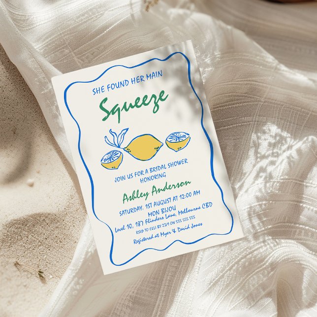 Convite Chá de panela de compressão principal desenhado a  (Whimsical She Found Her Main Squeeze Bridal Shower Invitation, Drawn Lemon Bridal Shower Invitation,)