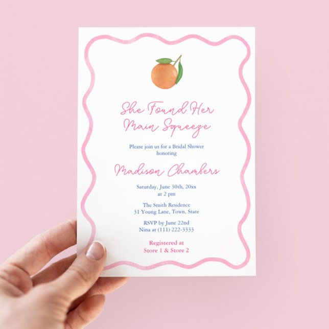 Convite Chá de panela de compressão principal do Citrus ro (Trendy wavy pink border bridal shower invitation with citrus orange and pink and white stripe backer)