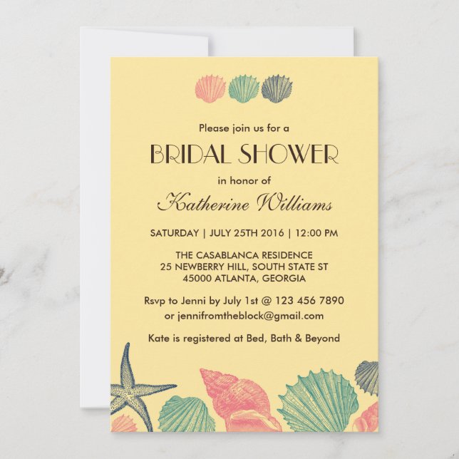 Convite Chá de panela de conchas de Starfish Amarelo (Frente)
