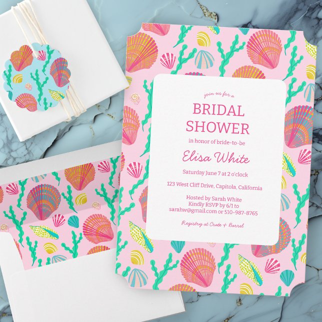 Convite Chá de panela de conchas PERSONALIZADAS Femininas  (Seashells Bridal Shower Elegant Feminine CUSTOM Invitation
)