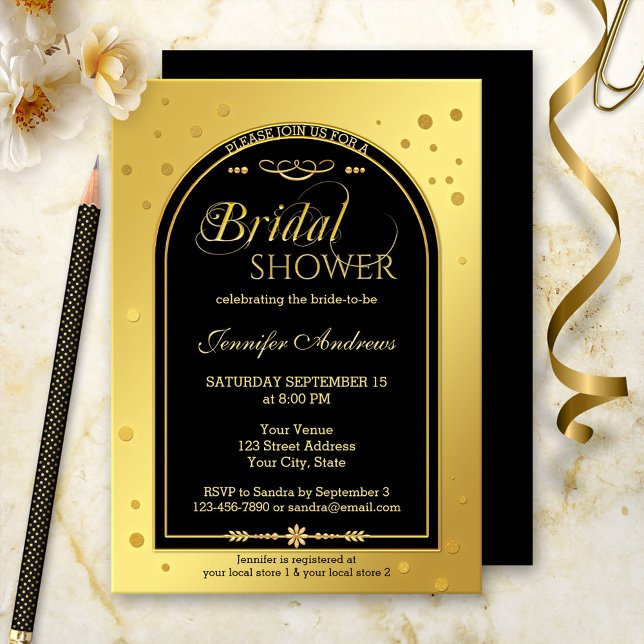 Convite Chá de panela de Confetti Chic Preto Dourado (A bridal shower invitation in black and gold with sparkling confetti. )