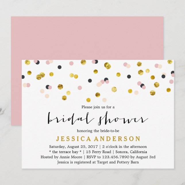 Convite Chá de panela de Confetti Dourado e Rosa (Frente/Verso)