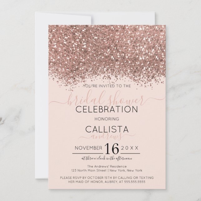 Convite Chá de panela de Confetti Glitter Rosa Dourado ros (Frente)