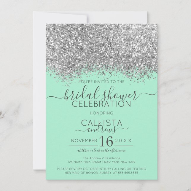 Convite Chá de panela de Confetti Glitter Silver Mint (Frente)