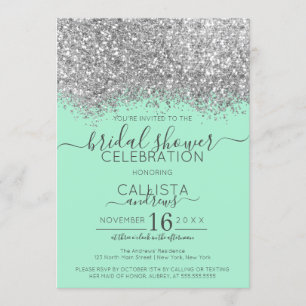Convite Chá de panela de Confetti Glitter Silver Mint