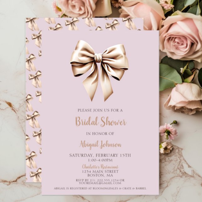 Convite Chá de panela de coquete bege elegante (Elegant Beige Coquette Bow Bridal Shower Invitation, Lavender, Classic Modern Trendy Chic, Script)