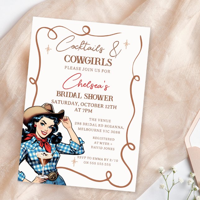Convite Chá de panela de Coquetéis Castanhos Retro (Cowgirl Bridal Shower Invitation Template, Cocktail and Cowgirls Bridal Shower Invitation Retro)