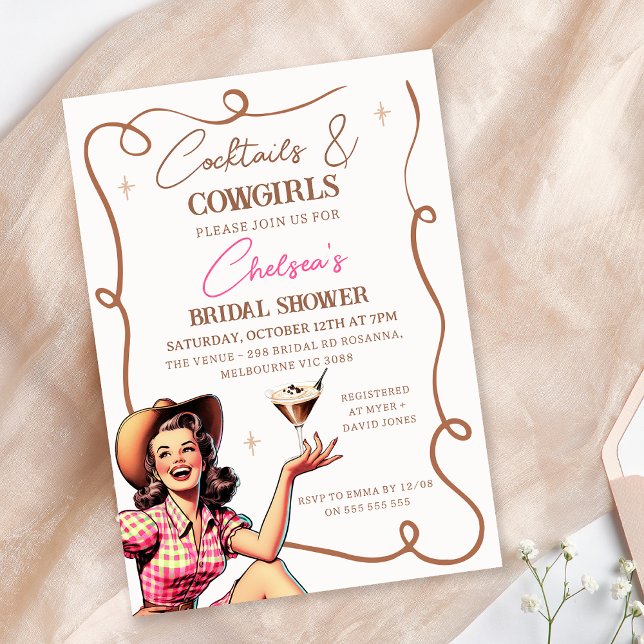 Convite Chá de panela de Coquetéis Castanhos Retro Rosa (Cowgirl Bridal Shower Invitation Template, Cocktail and Cowgirls Bridal Shower Invitation Retro)