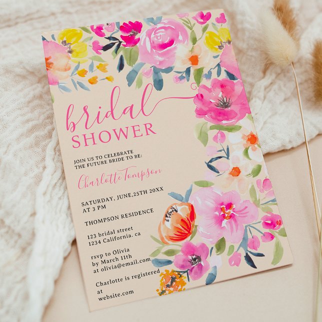Convite Chá de panela de cor d'água floral boêmio (Bohemian floral watercolor blush bridal shower invitation)