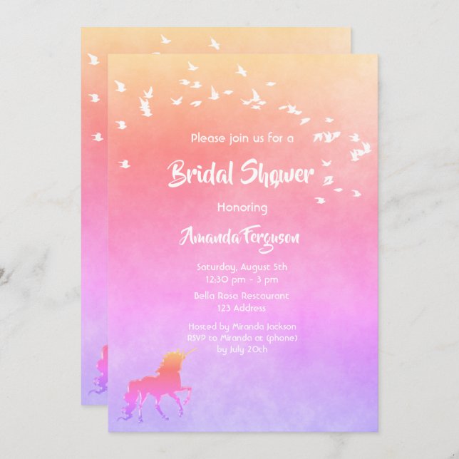 Convite Chá de panela de cor Unicórnio e arco-íris (Frente/Verso)