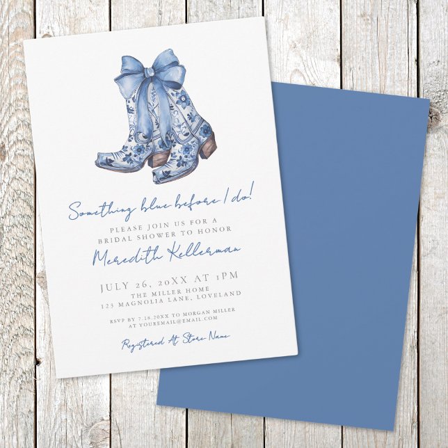 Convite Chá de panela de cowboy Arco Azul (Country Blue Bow Cowboy Boots Bridal Shower Invitation)