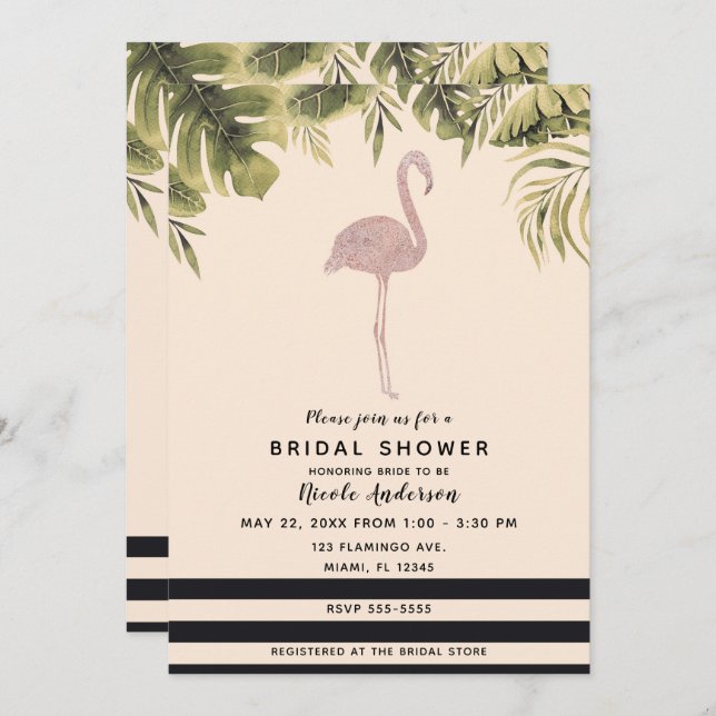 Convite Chá de panela de Creme Amarelo Tropical Flamingo R (Frente/Verso)