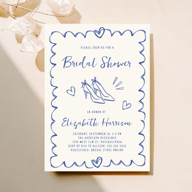 Convite Chá de panela de Creme Azul Desenhado à Mão Branca (Whimsical hand drawn bridal shower invitation to set the tone for an unforgettable event)
