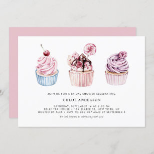 Convite Chá de panela de Cupcakes de Aquarela rosa e roxa
