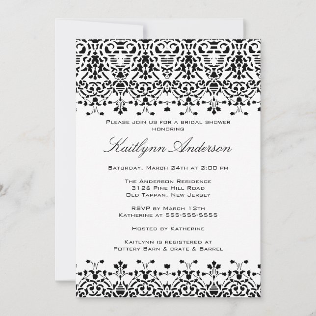 Convite Chá de panela de Damasco Branco e Preto (Frente)