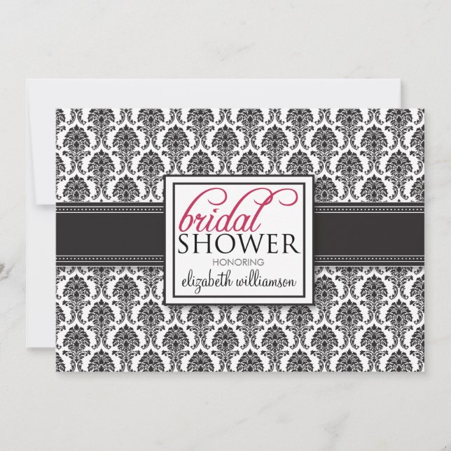 Convite Chá de panela de Damask Elegante (preto) (Frente)
