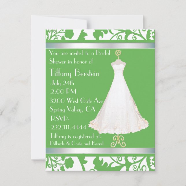 Convite Chá de panela de Damask Verde e Branco (Frente)
