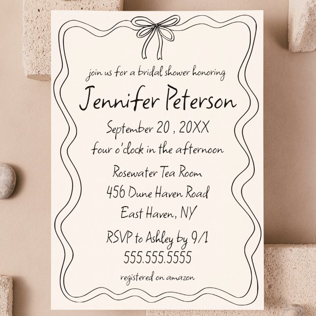 Convite Chá de panela de desenho de porta desenhada de Arc (coquette ribbon bow hand drawn quirky eclectic whimsical bridal shower invitation black and white )