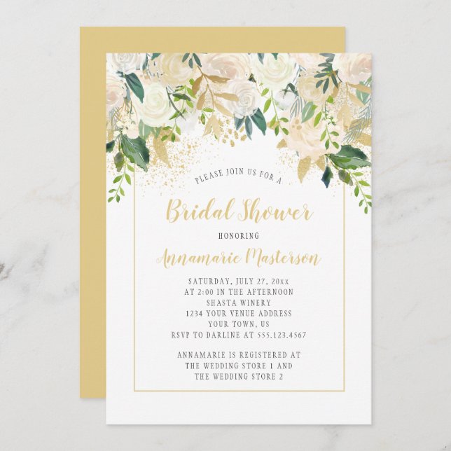 Convite Chá de panela de Destaques Dourados das Rosas Bran (Frente/Verso)