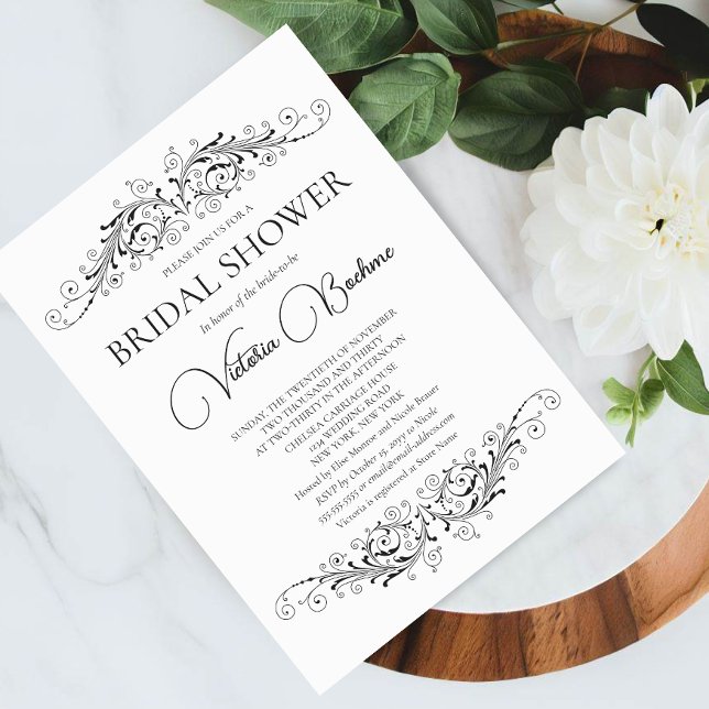 Convite Chá de panela de Elegância Preto e Branco (Celebrate a bridal shower with the bride-to-be by inviting guests with this black and white invite.)