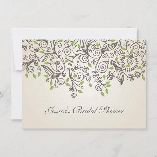 Convite Chá de panela de espirais castanhas e folhas verde (Frente)