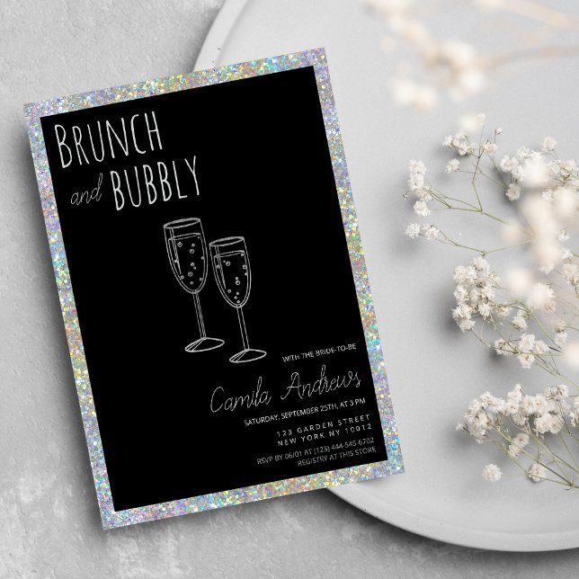 Convite Chá de panela de espuma de prata preta Brunter (Black Silver Glitter Brunch Bubbly Bridal Shower )
