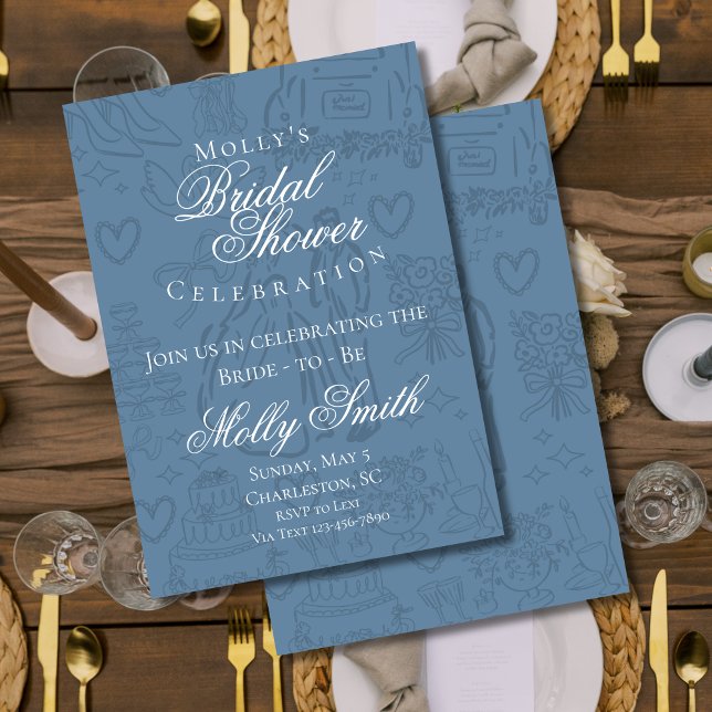 Convite Chá de panela de Esquema Azul Clássico Dusty (Classic Wedding Sketch Art invite with modern font – perfect for engagement or bridal celebrations!)