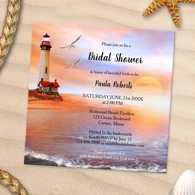 Convite Chá de panela de farol de praia (Bridal shower invitation featuring a romantic painting of a beach and lighthouse with two seagulls)