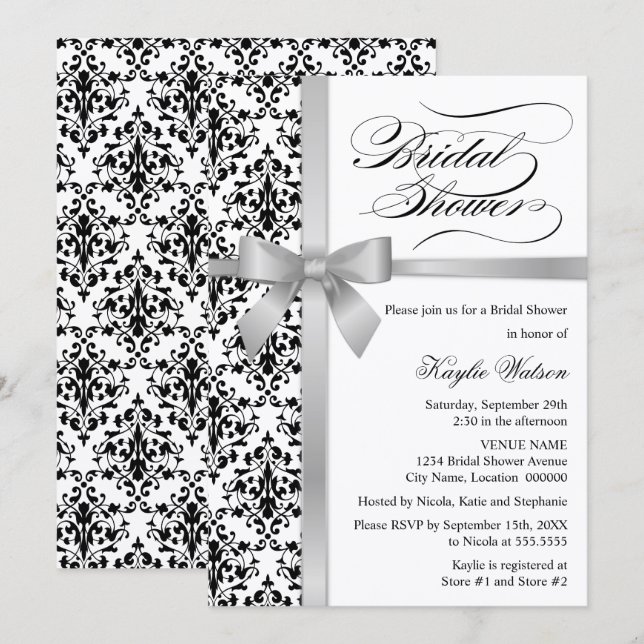 Convite Chá de panela de Faux Silver do Damask (Frente/Verso)
