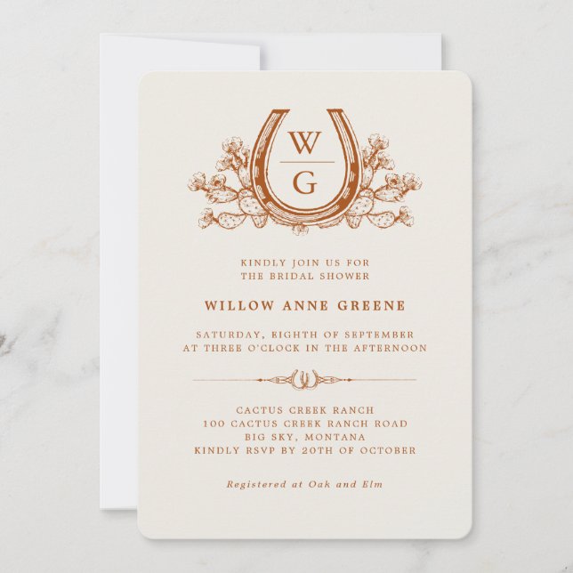 Convite Chá de panela de ferradura Cactus Western Boho (Frente)