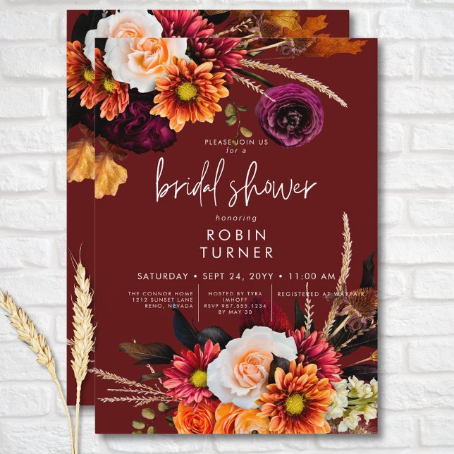 Convite Chá de panela de ferrugem floral Boho (Dark Russet Boho Floral Rust Bridal Shower Invitation)