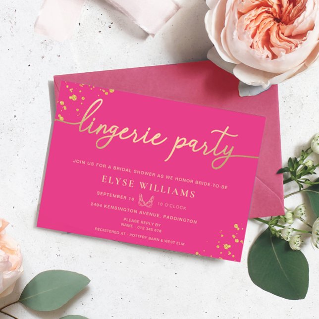 Convite Chá de panela de festa de Lingerie Dourada rosa a  (Lingerie Party Bridal Shower Invitation Hot Pink paintly Gold )