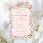 Convite Chá de panela de Festa de Vintage Floral Rosa<br><div class="desc">O chá de panela de design de de casamento do evento de hortas de jardim de safra apresenta um lindo padrão de rosas florais que moldam a redação e cores pastéis moles - rosa-pincel,  verde azul-vírgula e ouro.</div>
