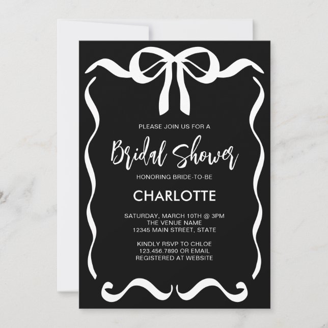 Convite Chá de panela de fita branca preto-moderno (Frente)