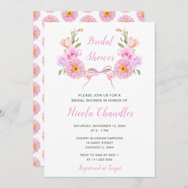 Convite Chá de panela de Fita Floral Rosa (Frente/Verso)