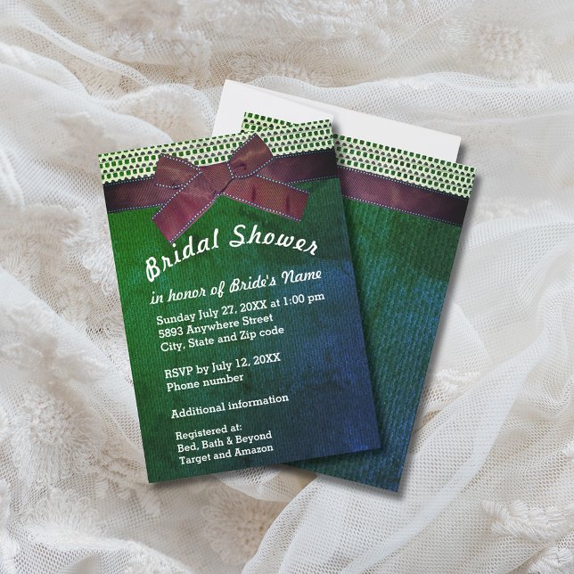 Convite Chá de panela de Fita, Lace, Verde e Azul (Ribbon, Lace, Green & Blue Burlap Bridal Shower Invitation)