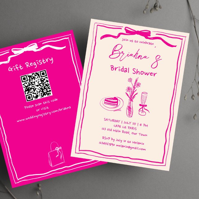 Convite Chá de panela de fita retrógrada retrógrada desenh (Handdrawn scribble retro pink ribbon bridal shower invitation template with qr registry digital)