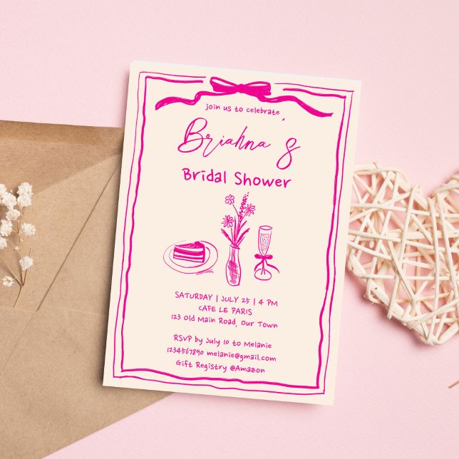 Convite Chá de panela de fita retrógrada retrógrada desenh (Handdrawn scribble retro whimsical pink ribbon bridal shower invitation template digital download)