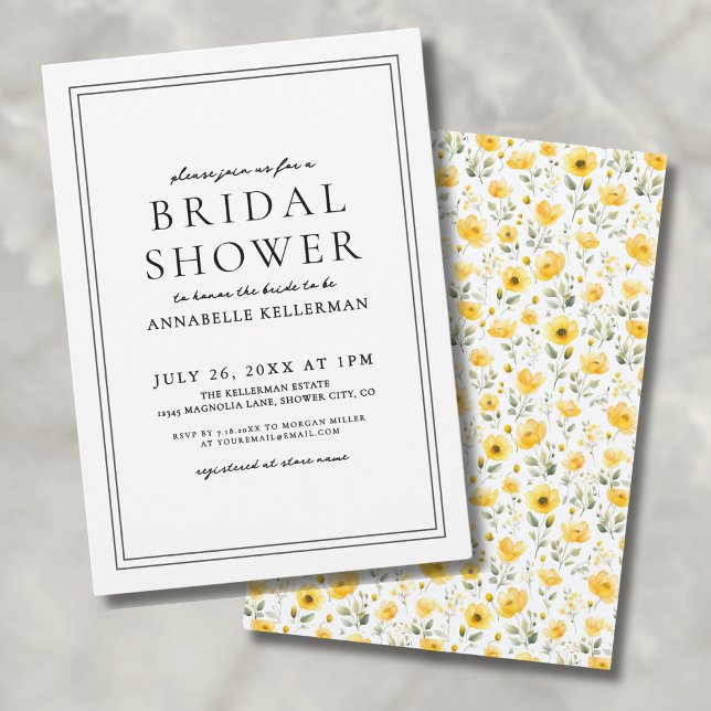 Convite Chá de panela de Flor Amarelo Simples Botânico (Botanical Simple Yellow Wildflower Bridal Shower Invitation)