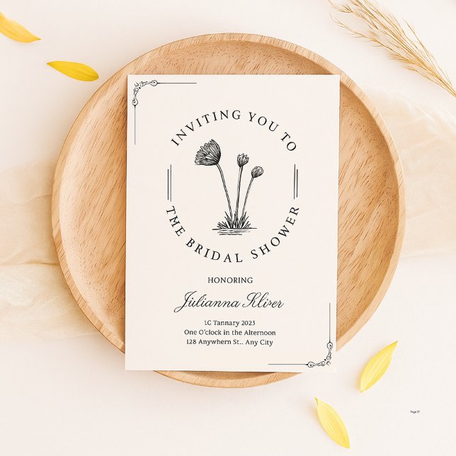 Convite Chá de panela de flor branca, preto simples, desen (Criador carregado)