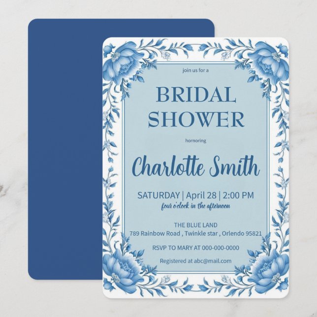 Convite Chá de panela de flor de Chinoiserie azul simples (Frente/Verso)