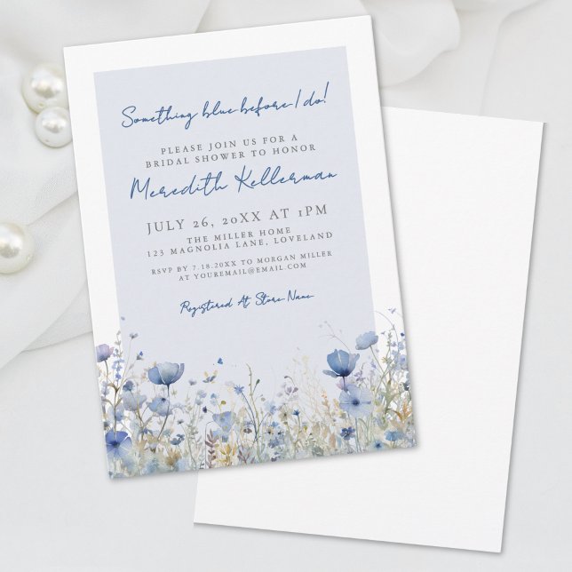 Convite Chá de panela de Flor de Flor Azul Botânico (Botanical Blue Wildflower Floral Bridal Shower Invitation)