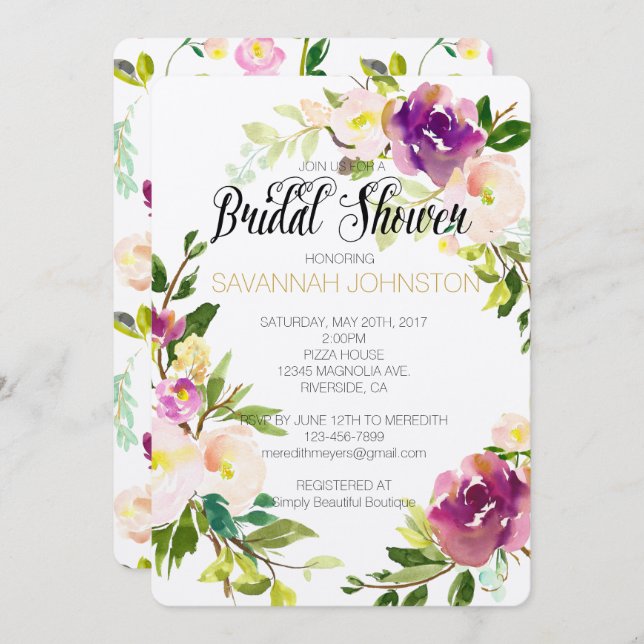 Convite Chá de panela de Flor de Vinho Rosa de Aquarela (Frente/Verso)