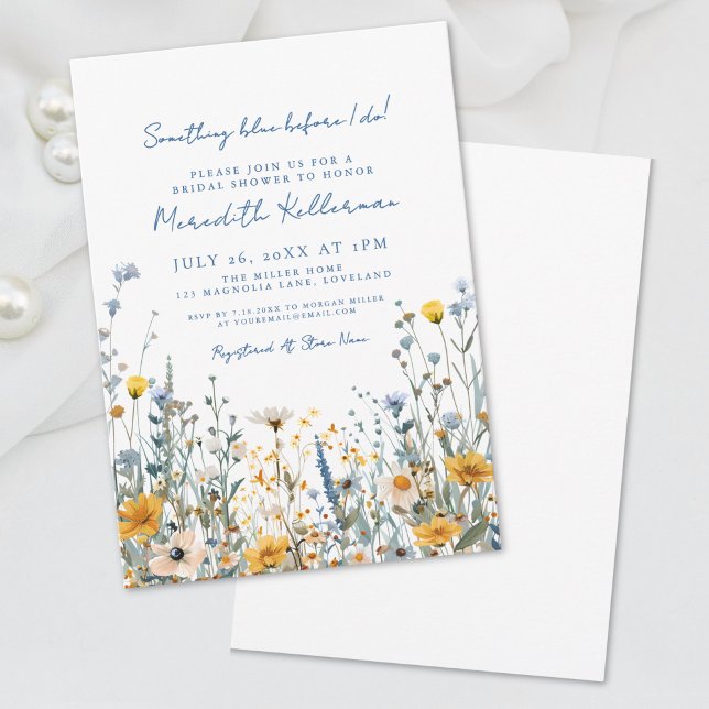 Convite Chá de panela de flor selvagem azul (Blue Botanical Wildflower Bridal Shower Invitation)