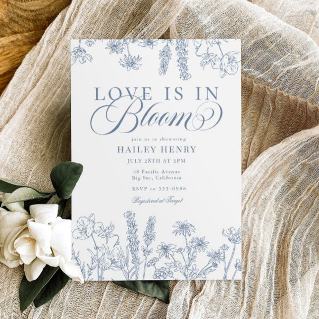 Convite Chá de panela de flor selvagem azul Elegante Periw (Criador carregado)