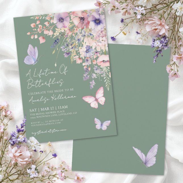 Convite Chá de panela de flor selvagem da borboleta verde  (Sage Green Butterfly Wildflower Bridal Shower Invitation)
