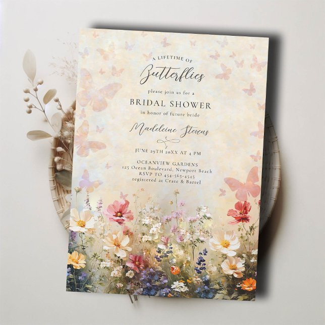 Convite Chá de panela de flor selvagem da borboleta vitalí (lifetime butterflies bridal shower invitation brunch tea pink peach red wildflowers garden party)