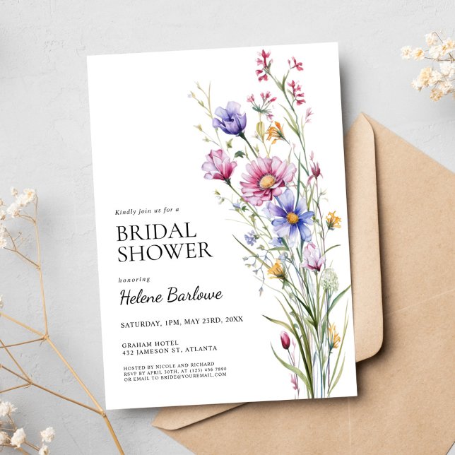 Convite Chá de panela de flor selvagem Elegante (Floral Elegant Whimsical Wildflower Bridal Shower Invitation)