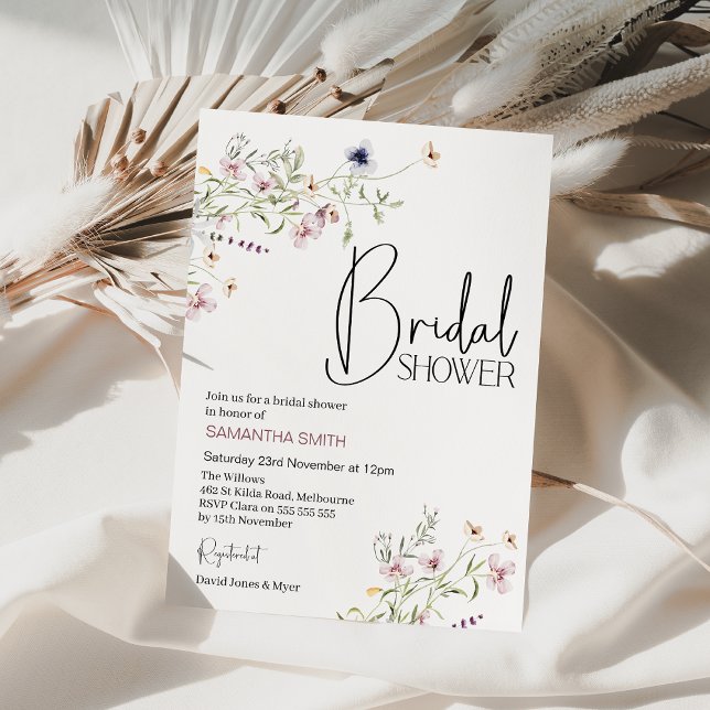 Convite Chá de panela de flor selvagem roxa moderna (Delicate wildflowers bridal shower invitation, Wedding shower wildflowers, Wildflower bridal shower )