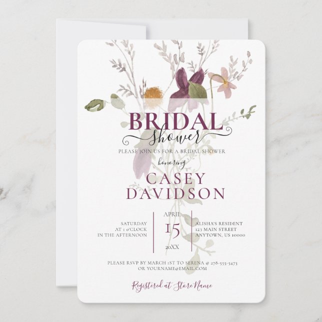 Convite Chá de panela de Flor Selvagem Roxo (Frente)